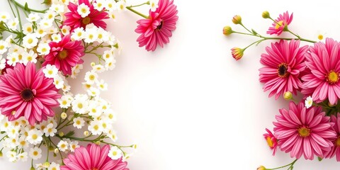 Close-up of gypsophila and santini mums floral frame banner on white ,  colorful,  design element