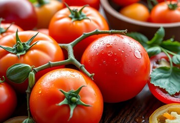 Close-up of vibrant tomatoes and food on a wooden table, glistening with water droplets,  close-up,  dinner