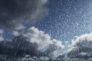 Heavy rain falls from dark clouds, illuminating a vibrant blue sky