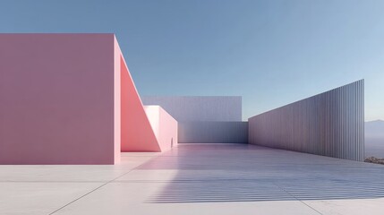 Obraz premium Minimalist Architectural Scene with Pink and White Geometric Walls Under a Clear Sky