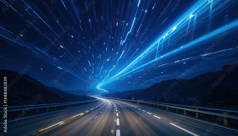 Poster a highway at night, illuminated by streaks of light, creating a dynamic and futuristic atmosphere.