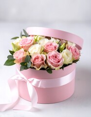 Pink box filled with fresh roses on a light background