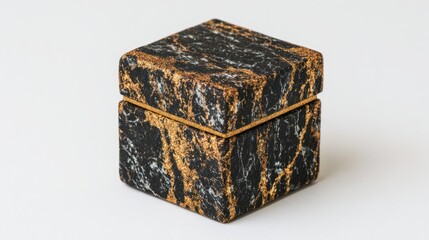 Cube-shaped box with black, gold and silver marbling on a white background. The box is closed and has a thin gold line separating the lid