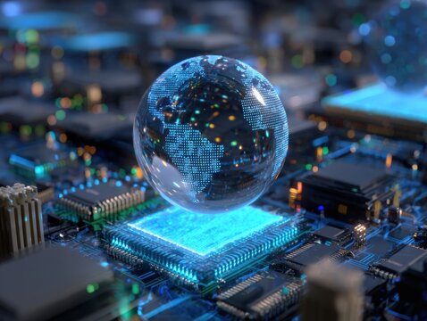 A translucent globe of the Earth hovers over a complex circuit board, illuminated by glowing blue light.  Digital data streams across the globe's surface and through the circuit components