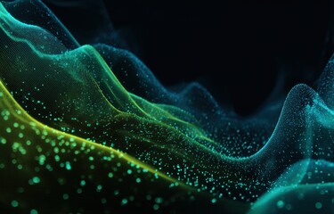 Abstract digital landscape of swirling teal and lime green particles