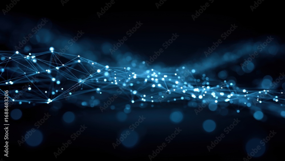 Wall mural abstract network of glowing points and lines on a dark background. a wave-like pattern of light blue