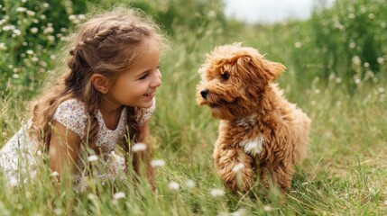 Fototapeta premium A young girl smiles as she plays with a fluffy puppy in a lush green meadow filled with wildflowers under the warm sun. They share a joyful, carefree moment together.