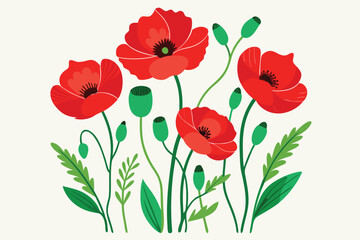 Stylized Red Poppies with Green Leaves and Seed Pods on Neutral Background