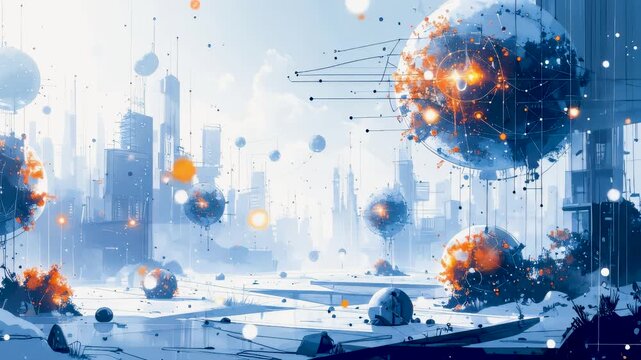 A high-tech animation concept of programmable matter, where swarms of microscopic particles form glowing spherical structures in a futuristic sci-fi city landscape, seamless looping video