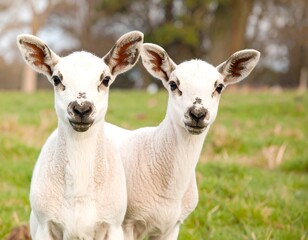 Fototapeta premium Two lamb faces in a field