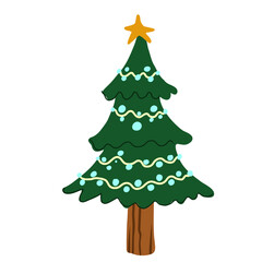 Hand rawn Christmas tree decorated with Christmas balls and luminous garlands. Vector illustration for festive design.