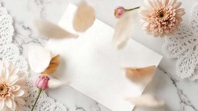 Marble surface with dried flowers and lace showcasing white blank card mockup, ideal for wedding stationery or branding designs
