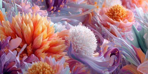Abstract floral explosion in swirling pastels and oranges