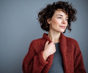 A woman in a rust-colored cardigan, thoughtfully gazing off into the distance against a muted gray backdrop.