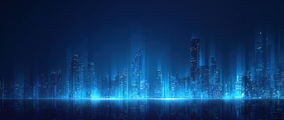 Naklejka premium Futuristic city skyline at night, glowing blue light (1)