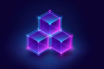 Three glowing, interconnected cubes in vibrant neon colors,  set against a dark background.  The cubes appear  3D with  a  glowing wireframe effect