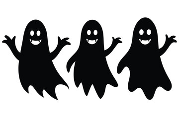 Three Smiling Cartoon Ghosts in Black and White, Halloween Spooky Holiday Themed