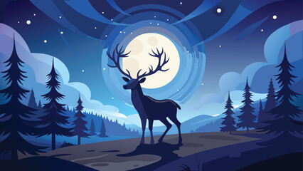A silhouette of a majestic deer stands against a winter night sky, its antlers adorned with snowflakes under the light of a moon, creating a tranquil Christmas forest scene © Nayeem Sheikh