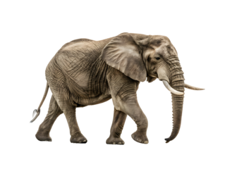 Adult African Elephant Walking Grey Brown Skin Detailed Wrinkles Large Tusks isolated on a transparent background