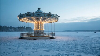 Obraz premium Enchanted Carousel on a Frozen Lake Magical Winter Scene with a Fairground Ride Surreal Fairytale in a Snowy Landscape Glowing Carousel Against a Twilight Sky