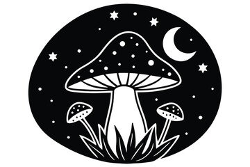 Whimsical Black and White Mushroom Illustration with Moon, Stars, and Grass Design Element