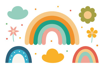 Whimsical Rainbow Collection Clouds, Flowers, and Colorful Arches on White Background for Arts and Crafts