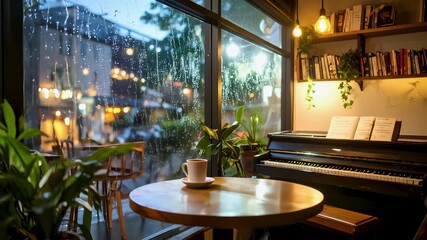 Cozy coffee shop interior with piano and music notes, warm lighting, cup of coffee on wooden table by rainy window, relaxing atmosphere for inspiration, creativity, and music composer lifestyle