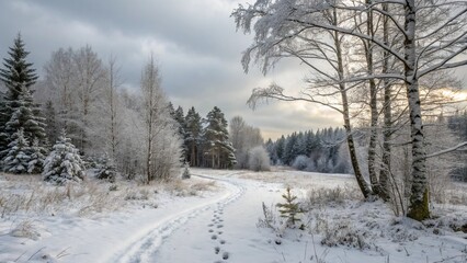 Winter Forest with Footprints in the Snow
A Serene Path with Footprints in a Snowy Winter Landscape
Footprints Winding Through a Tranquil Winter Forest
