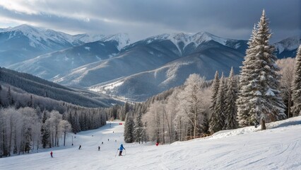 Winter Mountain Landscape with Ski Slopes and Snow-Covered Trees
Majestic Snowy Mountains with Ski Trails and Evergreen Forest
A Picturesque Ski Resort Scene on a Crisp Winter Day