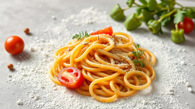 lettere di pasta cruda compongono la scritta food su tovaglia a scacchi