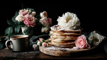 Stacked pancakes with roses and coffee