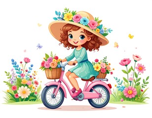 Fototapeta premium A girl on a bike, surrounded by flowers. Cute cartoon character