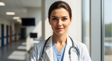 A confident female doctor in a white lab coat and stethoscope smiles professionally in a bright hospital corridor.