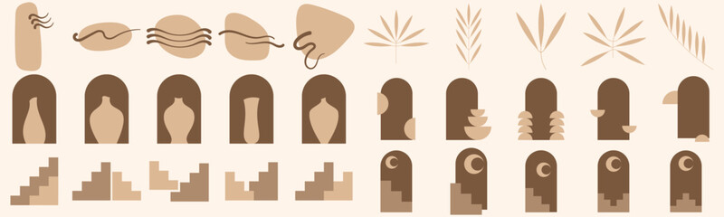 Abstract Boho Vector Icons Set Featuring Minimalist Pottery Shapes, Organic Leaves, Moon Phases, and Geometric Elements in Earth Tones for Modern Graphic Design