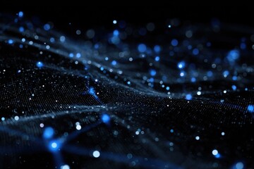 Abstract digital wave of particles.  Dark background with flowing, textured waves of interconnected, glowing particles.  Blue and dark-grey tones