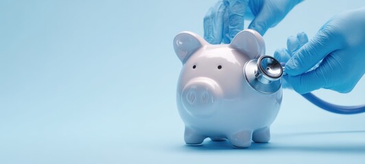 The piggy bank receiving a medical checkup with blue gloved hands and stethoscope