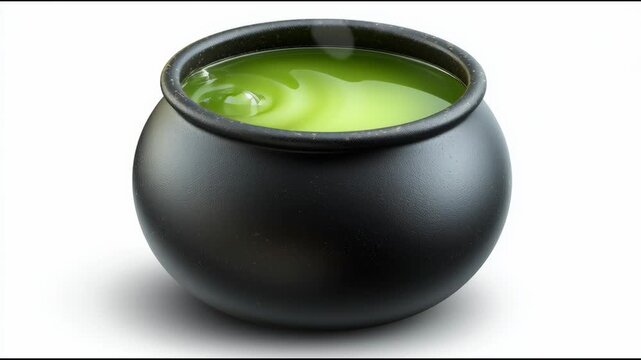 3D cauldron round shape filled with green potion, simplified style, clipart on white background