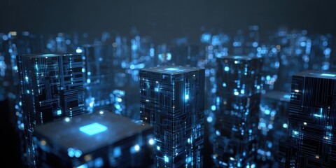 Futuristic city of glowing, interconnected cubes