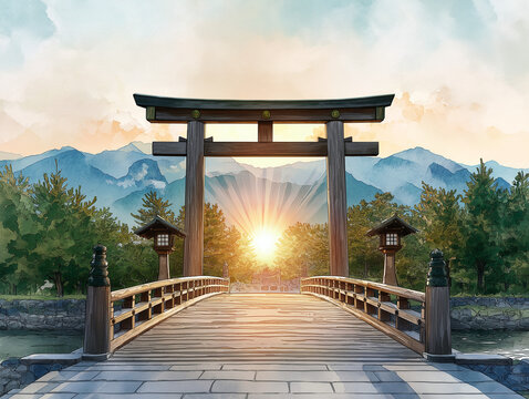 鳥居から登る朝日　伊勢神宮　イラスト