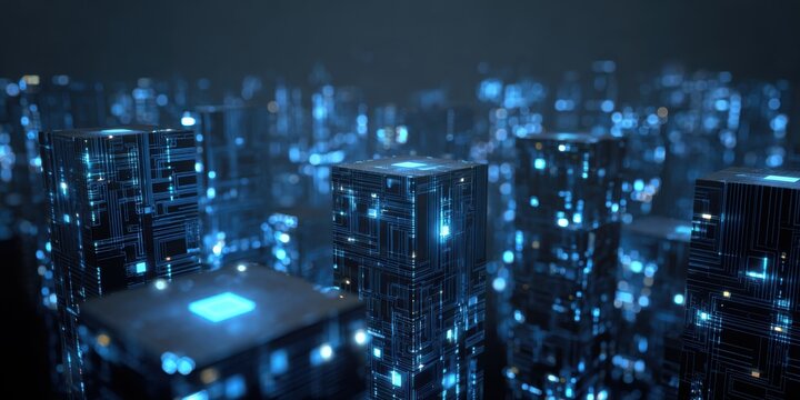 Futuristic city of glowing, interconnected cubes
