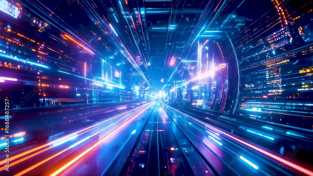 Poster A high-tech futuristic tunnel glowing with neon lights and data streams, creating the illusion of light speed travel through a digital cyberworld, animation video