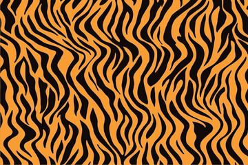Vector tiger skin pattern, seamless texture background. Orange and black zebra stripes. Fashionable print for textile design. Vector Illustration, Seamless Pattern.