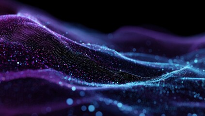 Abstract wavy digital landscape of shimmering particles in violet and teal