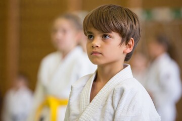 Pensive Young Boy Practicing Karate in Dojo