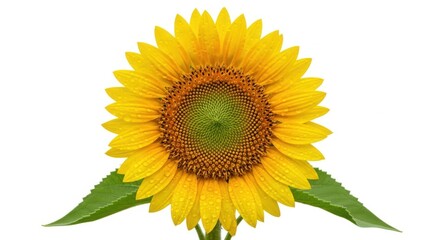 Fototapeta premium Beautiful Large Sunflower with Green Leaves Isolated on White