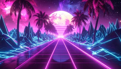 Fototapeta premium Retro Synthwave Neon Landscape with Palm Trees and Moon.