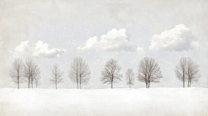Fototapeta premium A row of trees are shown in a snowy field