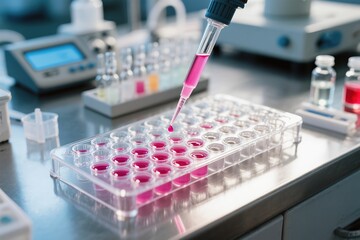 This detailed view shows an organized lab setup with pipetting techniques, ideal for scientific research