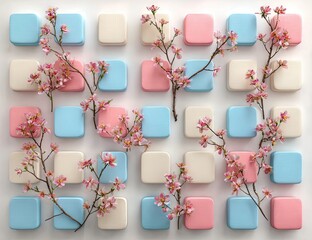 Pastel-colored squares arranged in a grid pattern with delicate cherry blossoms.