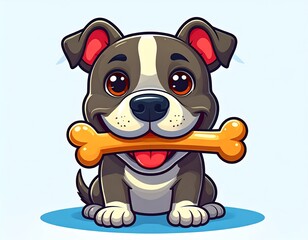 Playful dog holding a bone, smiling joyfully indoors